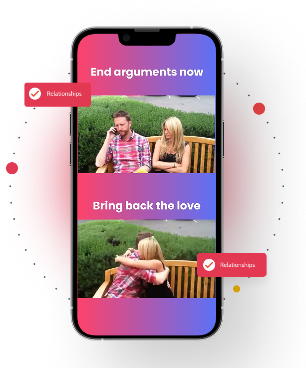 Mobile app showing a couple ending arguments and bringing back love through relationship guidance
