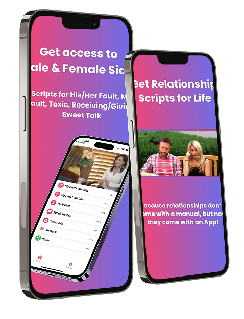 Two mobile screens showing relationship coaching app with male and female dialogue scripts to improve love and communication